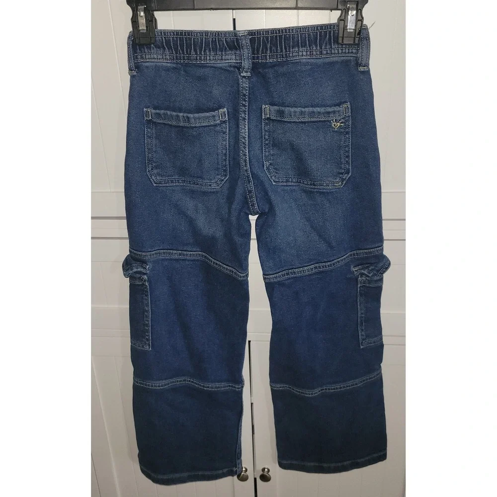 Justice Girls Dark Wash Cargo Jeans Size 8 Straight Leg Elastic Back Waist Y2K